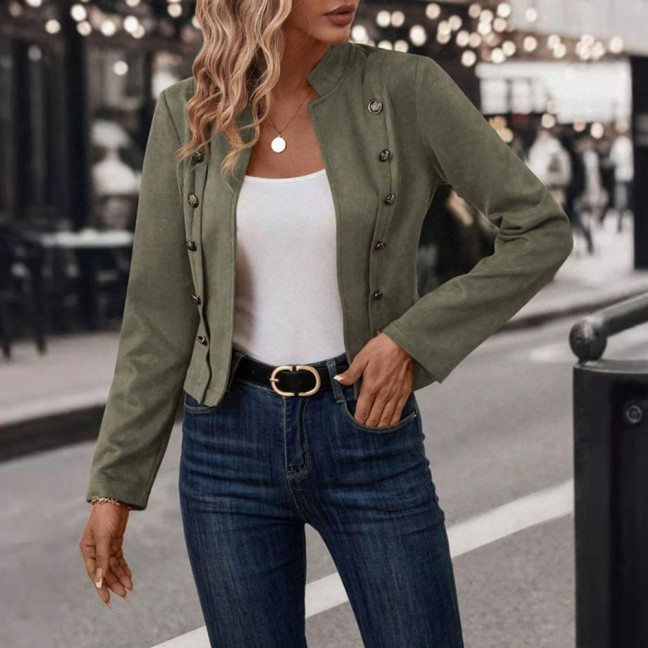 Spring Auutmn Lady Coat Double-breasted Stand Collar Buttons Slim Fit Long Sleeves Retro Style Cardigan Daily Wear Outdoor Jacket 