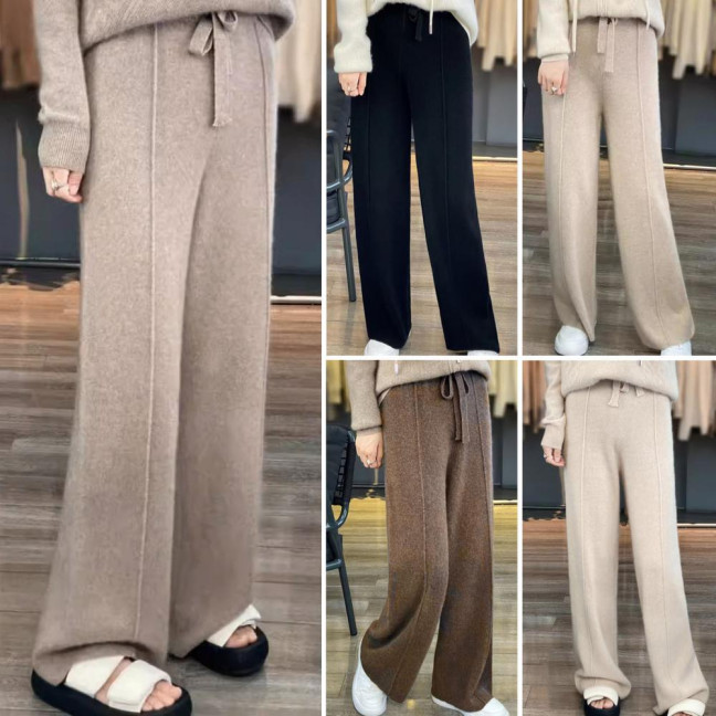 Wool Casual Pants Solid Color Straight Wide Leg Knitting Trousers with Drawstring High Waist Thickened Slacks
