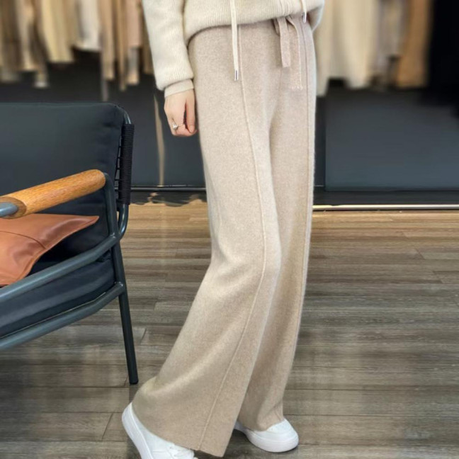 Wool Casual Pants Solid Color Straight Wide Leg Knitting Trousers with Drawstring High Waist Thickened Slacks