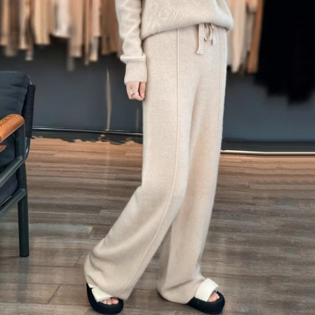 Wool Casual Pants Solid Color Straight Wide Leg Knitting Trousers with Drawstring High Waist Thickened Slacks