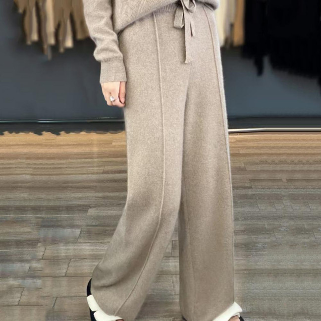 Wool Casual Pants Solid Color Straight Wide Leg Knitting Trousers with Drawstring High Waist Thickened Slacks