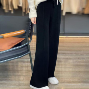 Wool Casual Pants Solid Color Straight Wide Leg Knitting Trousers with Drawstring High Waist Thickened Slacks