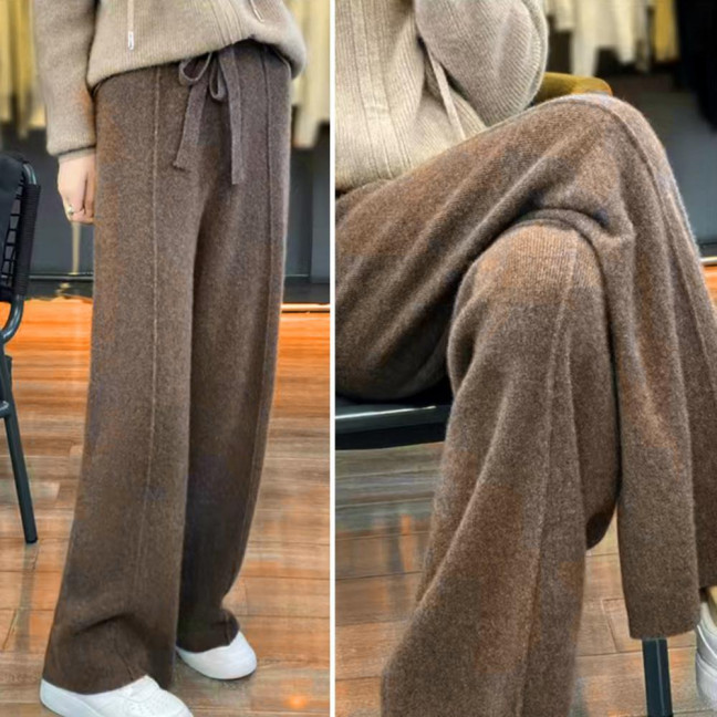 Wool Casual Pants Solid Color Straight Wide Leg Knitting Trousers with Drawstring High Waist Thickened Slacks