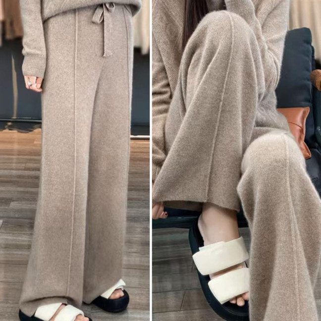 Wool Casual Pants Solid Color Straight Wide Leg Knitting Trousers with Drawstring High Waist Thickened Slacks