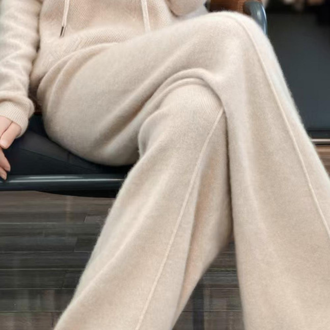 Wool Casual Pants Solid Color Straight Wide Leg Knitting Trousers with Drawstring High Waist Thickened Slacks