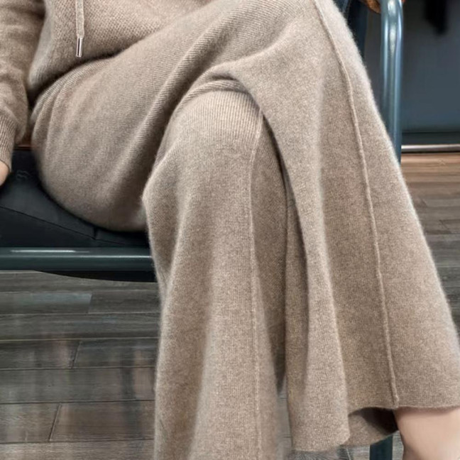 Wool Casual Pants Solid Color Straight Wide Leg Knitting Trousers with Drawstring High Waist Thickened Slacks