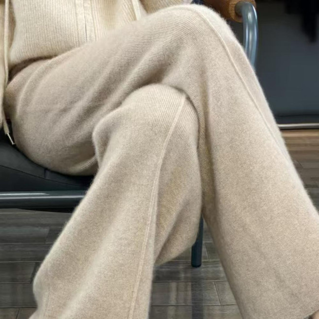 Wool Casual Pants Solid Color Straight Wide Leg Knitting Trousers with Drawstring High Waist Thickened Slacks