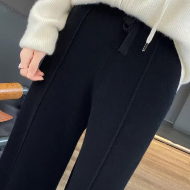 Wool Casual Pants Solid Color Straight Wide Leg Knitting Trousers with Drawstring High Waist Thickened Slacks