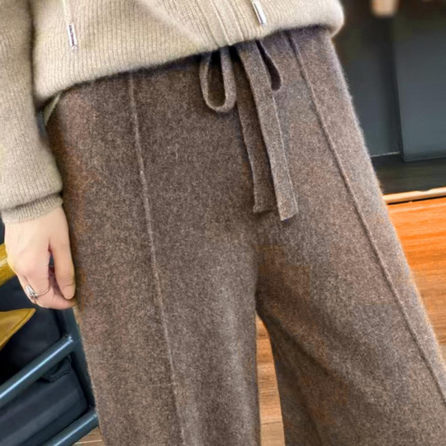 Wool Casual Pants Solid Color Straight Wide Leg Knitting Trousers with Drawstring High Waist Thickened Slacks