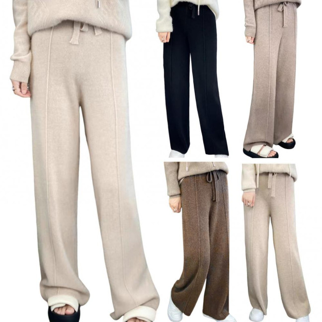 Wool Casual Pants Solid Color Straight Wide Leg Knitting Trousers with Drawstring High Waist Thickened Slacks