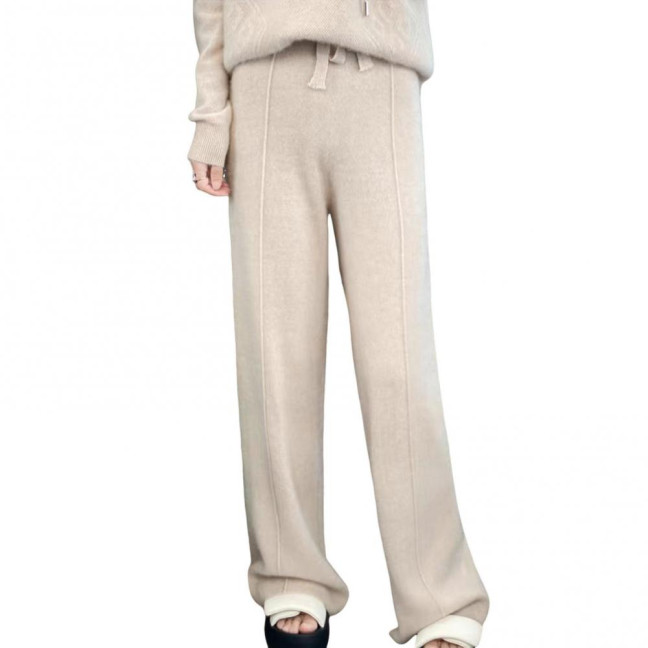 Wool Casual Pants Solid Color Straight Wide Leg Knitting Trousers with Drawstring High Waist Thickened Slacks