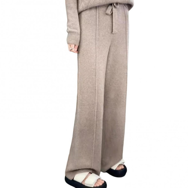 Wool Casual Pants Solid Color Straight Wide Leg Knitting Trousers with Drawstring High Waist Thickened Slacks