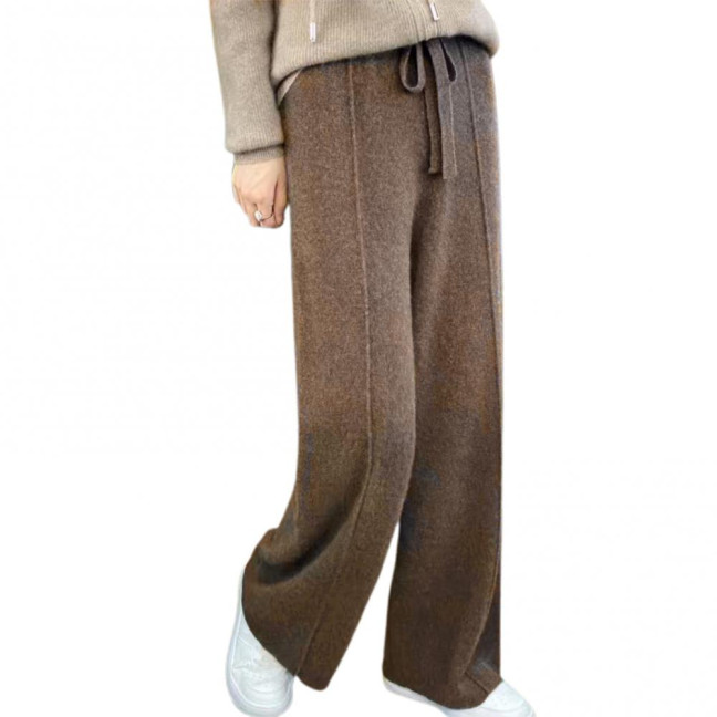 Wool Casual Pants Solid Color Straight Wide Leg Knitting Trousers with Drawstring High Waist Thickened Slacks