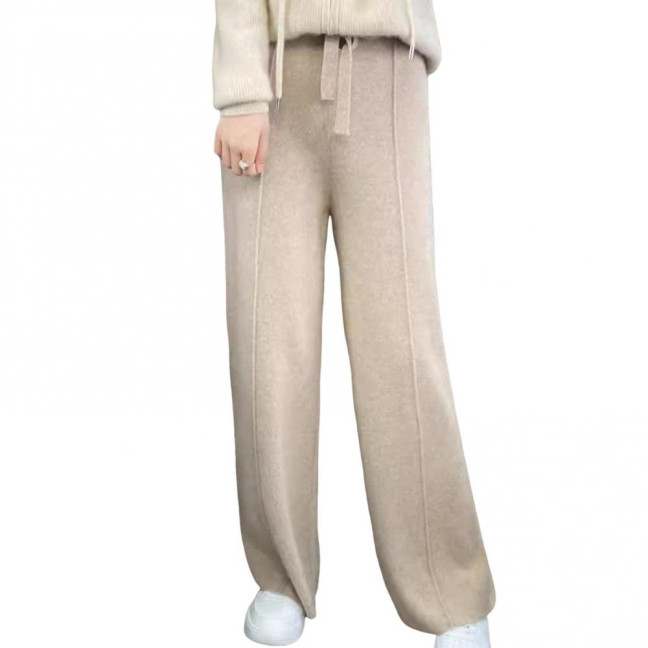 Wool Casual Pants Solid Color Straight Wide Leg Knitting Trousers with Drawstring High Waist Thickened Slacks