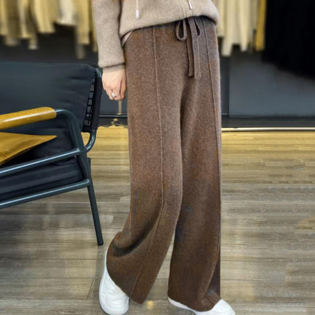 Wool Casual Pants Solid Color Straight Wide Leg Knitting Trousers with Drawstring High Waist Thickened Slacks