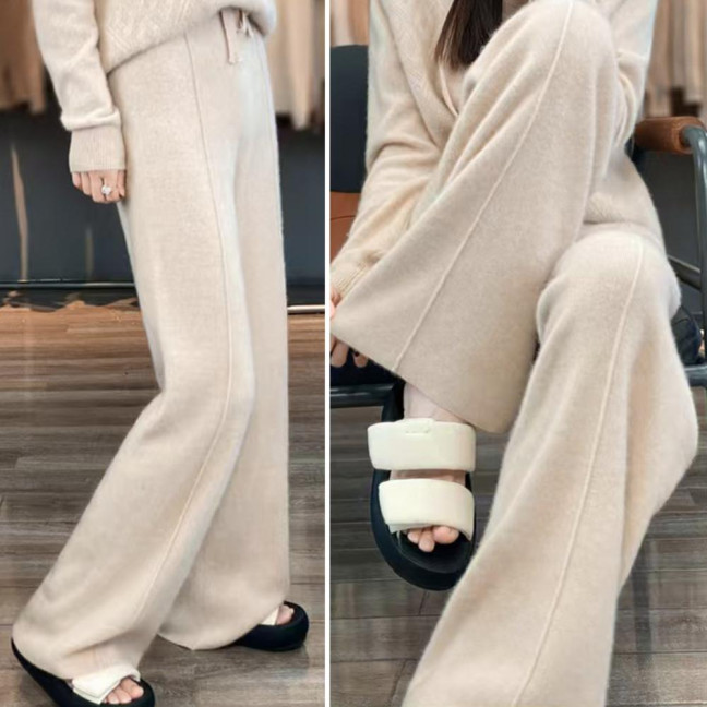Wool Casual Pants Solid Color Straight Wide Leg Knitting Trousers with Drawstring High Waist Thickened Slacks