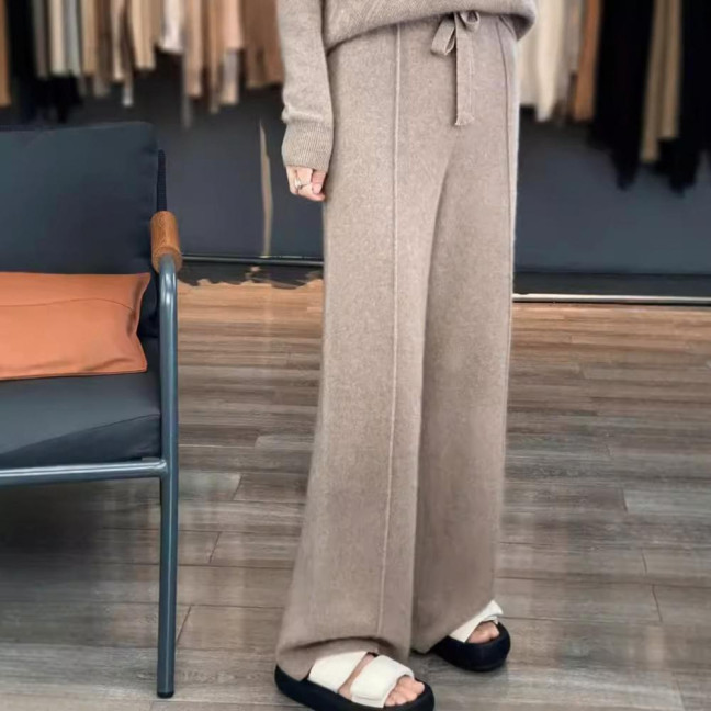 Wool Casual Pants Solid Color Straight Wide Leg Knitting Trousers with Drawstring High Waist Thickened Slacks