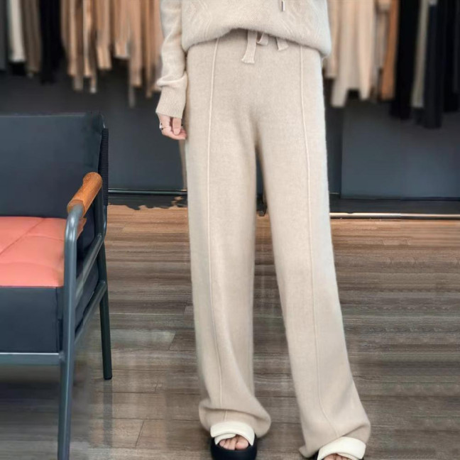 Wool Casual Pants Solid Color Straight Wide Leg Knitting Trousers with Drawstring High Waist Thickened Slacks