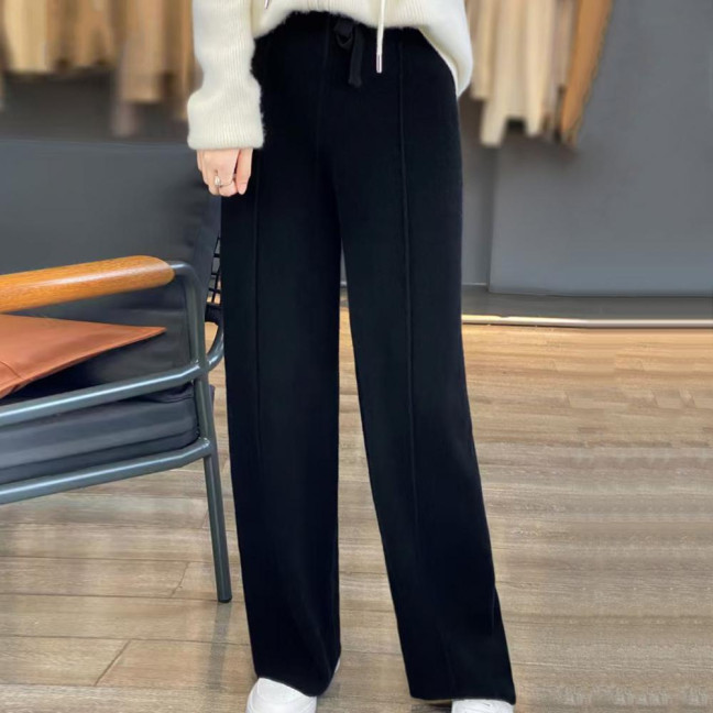 Wool Casual Pants Solid Color Straight Wide Leg Knitting Trousers with Drawstring High Waist Thickened Slacks