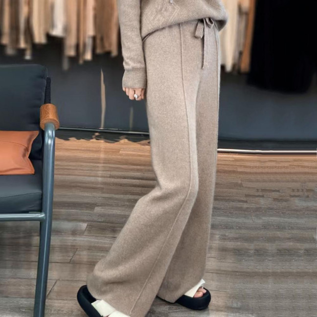 Wool Casual Pants Solid Color Straight Wide Leg Knitting Trousers with Drawstring High Waist Thickened Slacks