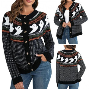 Women Sweater Coat Crew Neck Long Sleeve Ghost Pattern Halloween Knitted Cardigan Single Breasted Sweater Cardigan