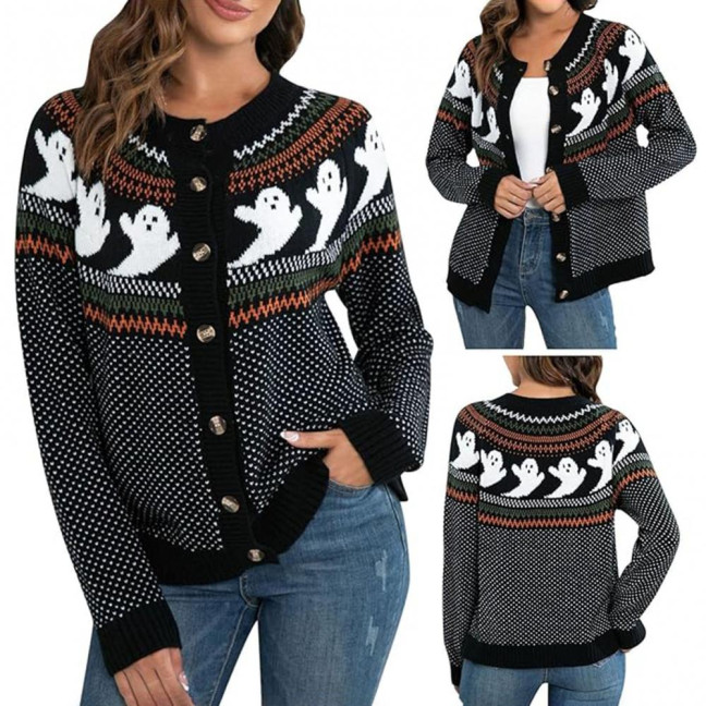 Women Sweater Coat Crew Neck Long Sleeve Ghost Pattern Halloween Knitted Cardigan Single Breasted Sweater Cardigan