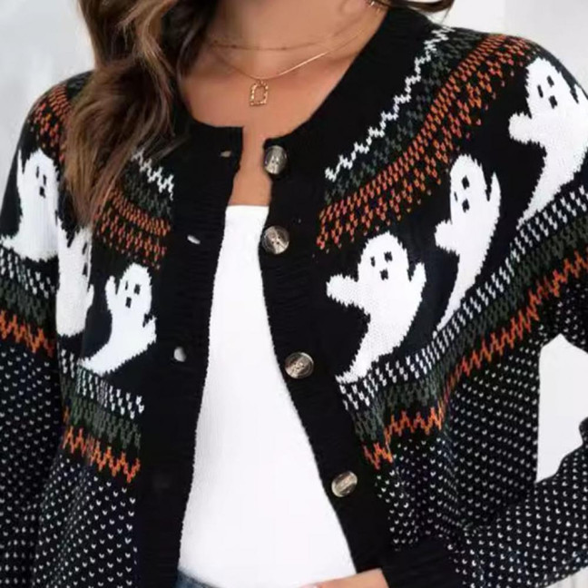Women Sweater Coat Crew Neck Long Sleeve Ghost Pattern Halloween Knitted Cardigan Single Breasted Sweater Cardigan