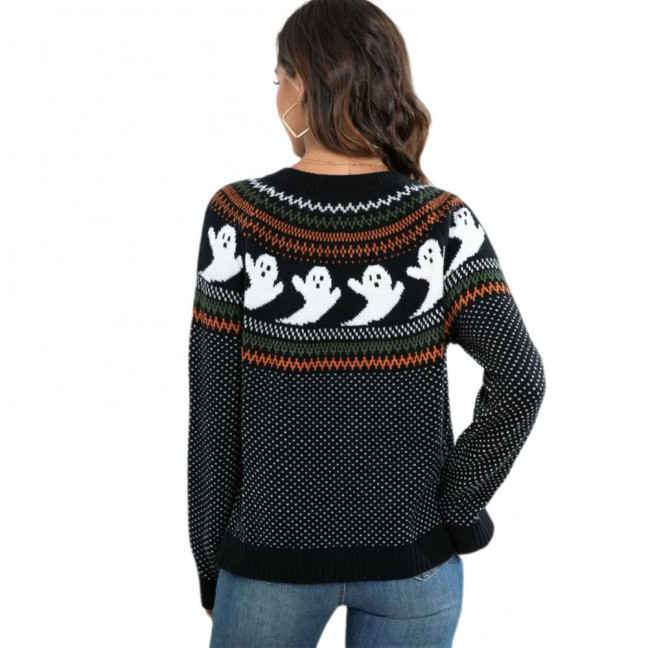 Women Sweater Coat Crew Neck Long Sleeve Ghost Pattern Halloween Knitted Cardigan Single Breasted Sweater Cardigan