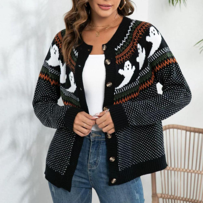Women Sweater Coat Crew Neck Long Sleeve Ghost Pattern Halloween Knitted Cardigan Single Breasted Sweater Cardigan