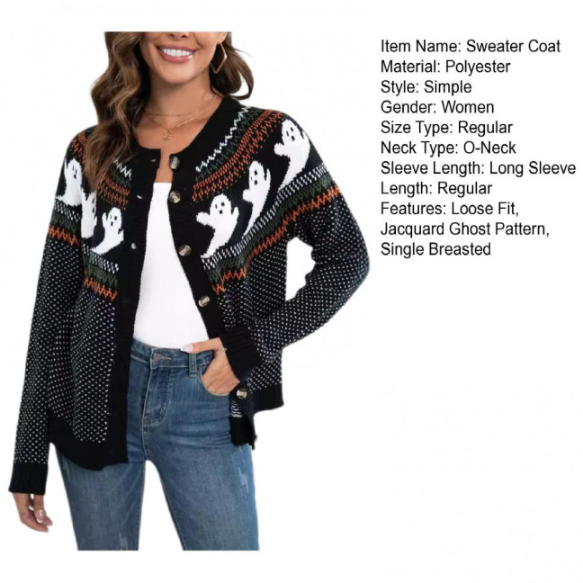 Women Sweater Coat Crew Neck Long Sleeve Ghost Pattern Halloween Knitted Cardigan Single Breasted Sweater Cardigan