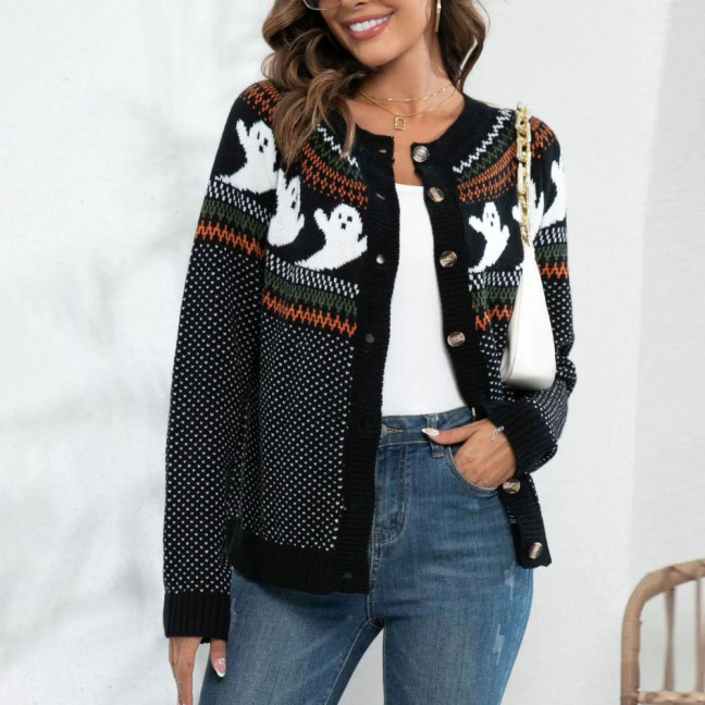 Women Sweater Coat Crew Neck Long Sleeve Ghost Pattern Halloween Knitted Cardigan Single Breasted Sweater Cardigan