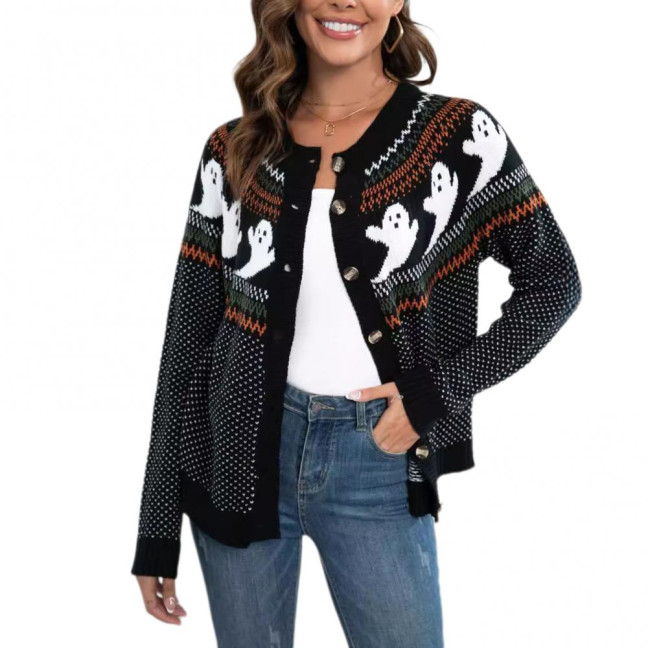 Women Sweater Coat Crew Neck Long Sleeve Ghost Pattern Halloween Knitted Cardigan Single Breasted Sweater Cardigan