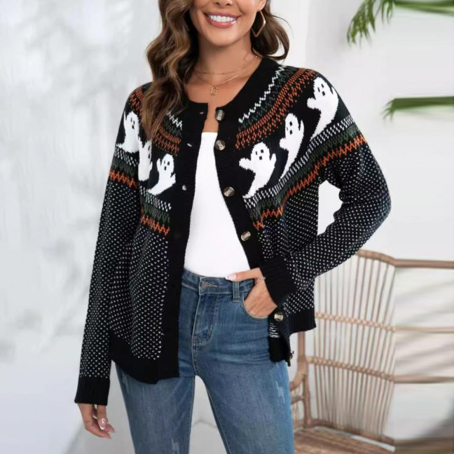 Women Sweater Coat Crew Neck Long Sleeve Ghost Pattern Halloween Knitted Cardigan Single Breasted Sweater Cardigan
