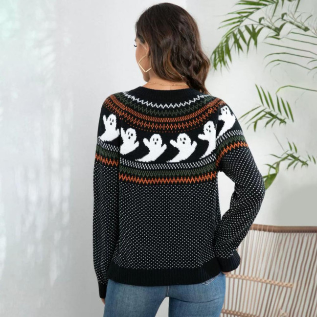 Women Sweater Coat Crew Neck Long Sleeve Ghost Pattern Halloween Knitted Cardigan Single Breasted Sweater Cardigan