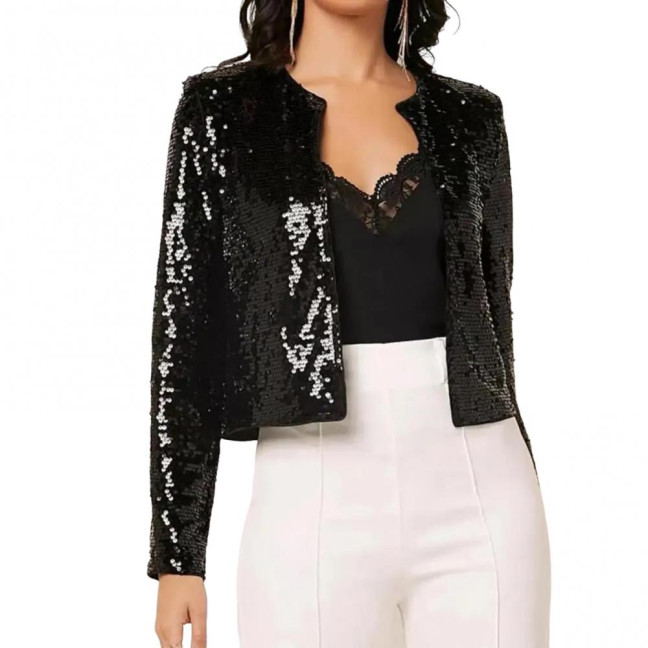 Women Party Sequin Coat Round Neck Open Stitch Cardigan Long Sleeves Short Type Solid Color Stage Performance Club Dance Jacket Women Party Sequin Coat Round Neck Open Stitch Cardigan Long Sleeves Short Type Solid Color Stage Performance Club Dance Jacket