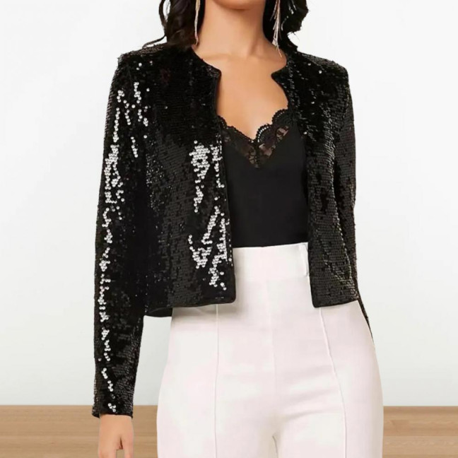 Women Party Sequin Coat Round Neck Open Stitch Cardigan Long Sleeves Short Type Solid Color Stage Performance Club Dance Jacket Women Party Sequin Coat Round Neck Open Stitch Cardigan Long Sleeves Short Type Solid Color Stage Performance Club Dance Jacket