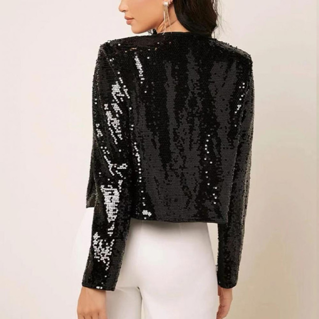 Women Party Sequin Coat Round Neck Open Stitch Cardigan Long Sleeves Short Type Solid Color Stage Performance Club Dance Jacket Women Party Sequin Coat Round Neck Open Stitch Cardigan Long Sleeves Short Type Solid Color Stage Performance Club Dance Jacket