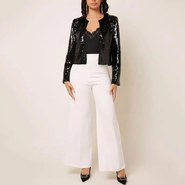 Women Party Sequin Coat Round Neck Open Stitch Cardigan Long Sleeves Short Type Solid Color Stage Performance Club Dance Jacket Women Party Sequin Coat Round Neck Open Stitch Cardigan Long Sleeves Short Type Solid Color Stage Performance Club Dance Jacket