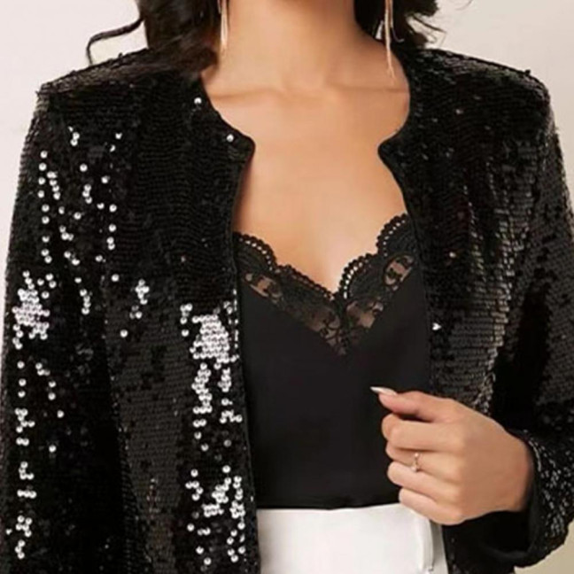 Women Party Sequin Coat Round Neck Open Stitch Cardigan Long Sleeves Short Type Solid Color Stage Performance Club Dance Jacket Women Party Sequin Coat Round Neck Open Stitch Cardigan Long Sleeves Short Type Solid Color Stage Performance Club Dance Jacket