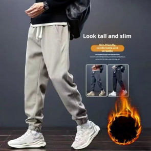 Winter Fall Men Sport Pants Loose Drawstring Elastic Waist Thick Plush Pockets Ankle-banded Solid Color Exercise Trousers Daily Wear Sweatpants