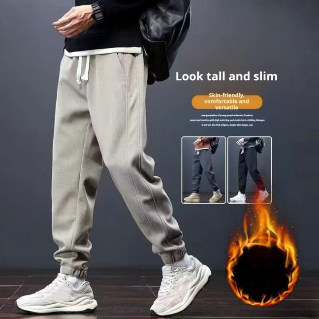 Winter Fall Men Sport Pants Loose Drawstring Elastic Waist Thick Plush Pockets Ankle-banded Solid Color Exercise Trousers Daily Wear Sweatpants