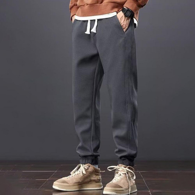 Winter Fall Men Sport Pants Loose Drawstring Elastic Waist Thick Plush Pockets Ankle-banded Solid Color Exercise Trousers Daily Wear Sweatpants