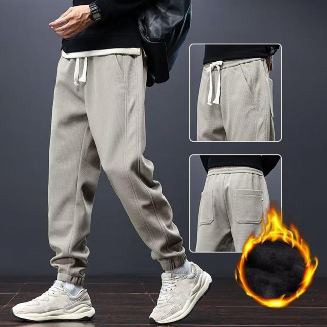 Winter Fall Men Sport Pants Loose Drawstring Elastic Waist Thick Plush Pockets Ankle-banded Solid Color Exercise Trousers Daily Wear Sweatpants