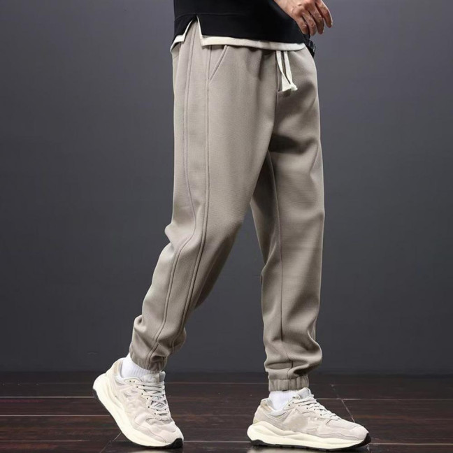 Winter Fall Men Sport Pants Loose Drawstring Elastic Waist Thick Plush Pockets Ankle-banded Solid Color Exercise Trousers Daily Wear Sweatpants