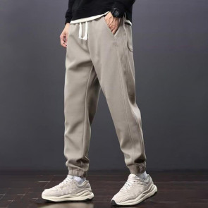 Winter Fall Men Sport Pants Loose Drawstring Elastic Waist Thick Plush Pockets Ankle-banded Solid Color Exercise Trousers Daily Wear Sweatpants