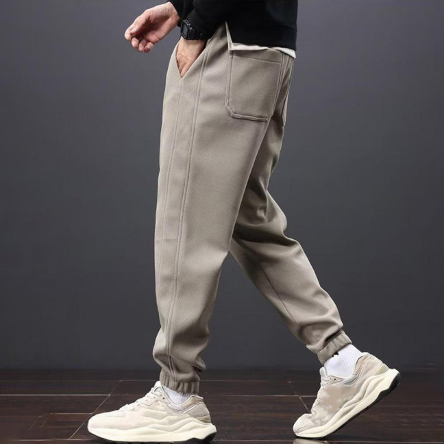 Winter Fall Men Sport Pants Loose Drawstring Elastic Waist Thick Plush Pockets Ankle-banded Solid Color Exercise Trousers Daily Wear Sweatpants