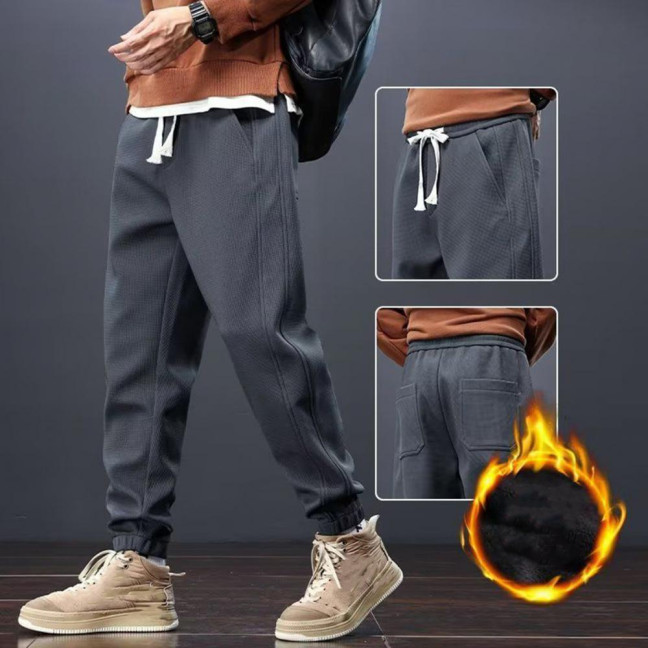 Winter Fall Men Sport Pants Loose Drawstring Elastic Waist Thick Plush Pockets Ankle-banded Solid Color Exercise Trousers Daily Wear Sweatpants