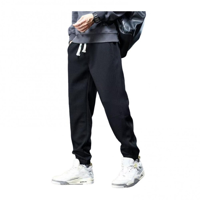 Winter Fall Men Sport Pants Loose Drawstring Elastic Waist Thick Plush Pockets Ankle-banded Solid Color Exercise Trousers Daily Wear Sweatpants
