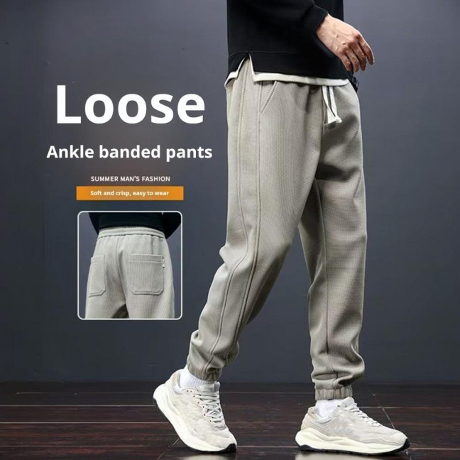 Winter Fall Men Sport Pants Loose Drawstring Elastic Waist Thick Plush Pockets Ankle-banded Solid Color Exercise Trousers Daily Wear Sweatpants
