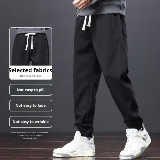 Winter Fall Men Sport Pants Loose Drawstring Elastic Waist Thick Plush Pockets Ankle-banded Solid Color Exercise Trousers Daily Wear Sweatpants